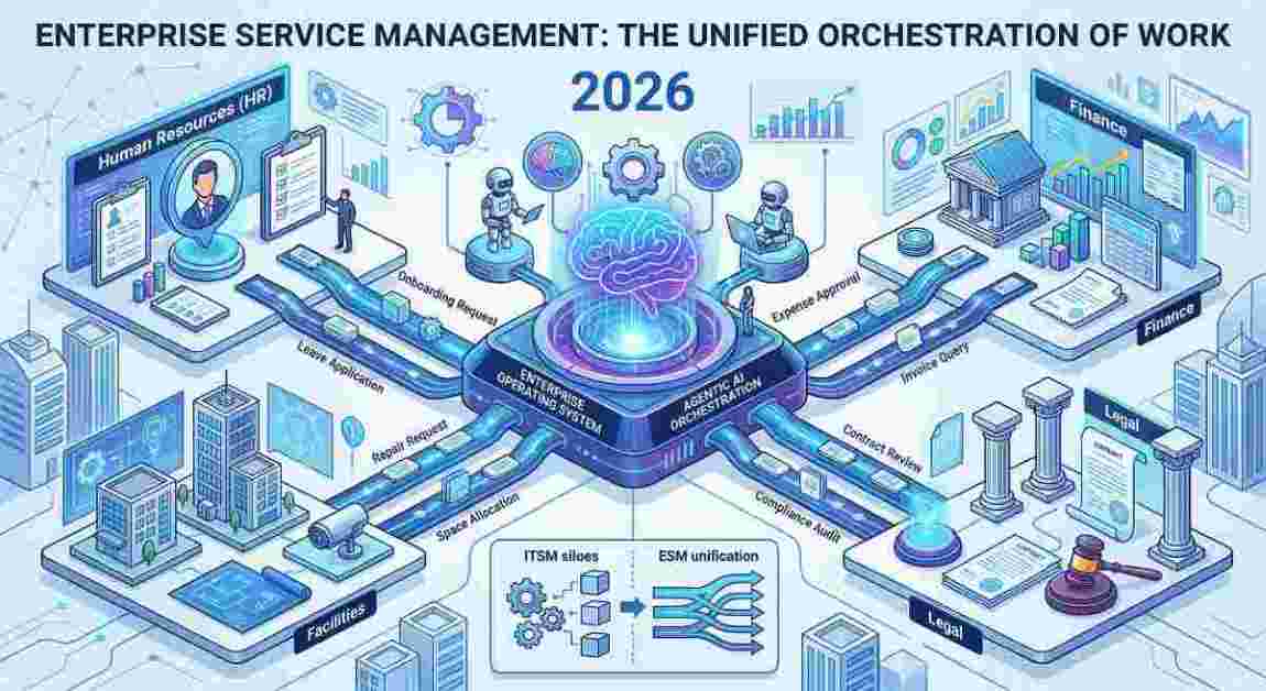 A futuristic infographic illustration visualizing the convergence of ITSM and ESM in 2026, where a central Agentic AI operating system orchestrates automated service management workflows. Glowing pipelines carry requests to distinct non-IT departments including Human Resources (HR), Finance, Facilities, and Legal, extending service desk principles across the enterprise for efficient work orchestration.